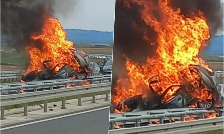 TRENUTAK UŽASA! POGLEDAJTE MOMENAT SUDARA AUTOMOBILA NA AUTO-PUTU! “Fiat” juri u kontra-smjeru, udara u auto i GORI!