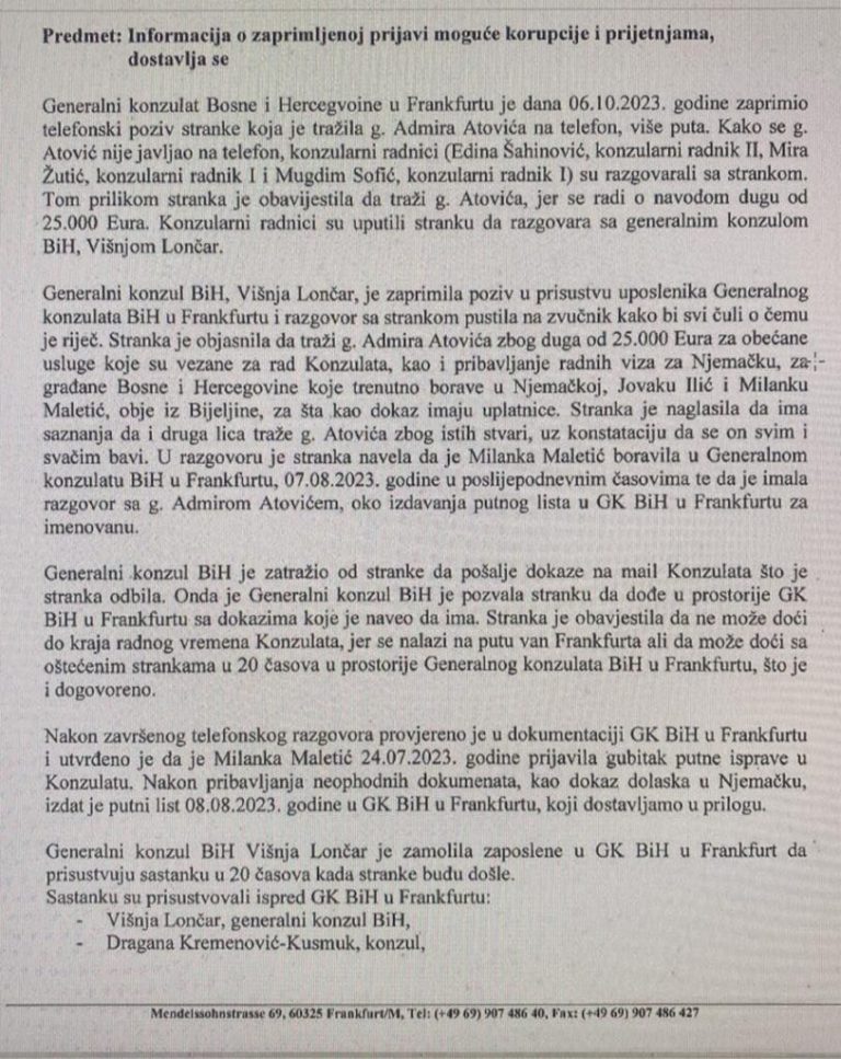 Novi skandal u bh. diplomatiji: Noćni susreti generalne konzulice sa osobama koje tvrde da su konzulu dali 25.000 eura mita