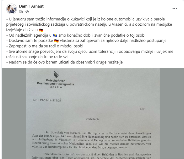 Ambasador BiH Damir Arnaut prijavio njemačkim vlastima osobu koja je vrijeđala Bošnjake u Vlasenici